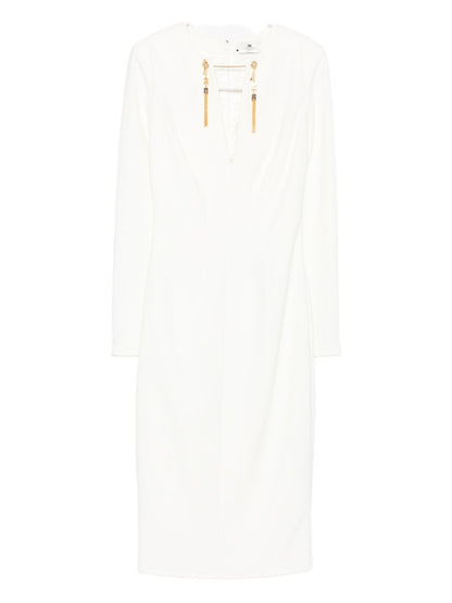 Elisabetta Franchi V-Neck Fitted Tassel-Embellished Long-Sleeve Dress Ivory Ivory