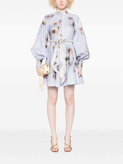 Zimmermann Floral Linen Belted Midi Dress Lilac