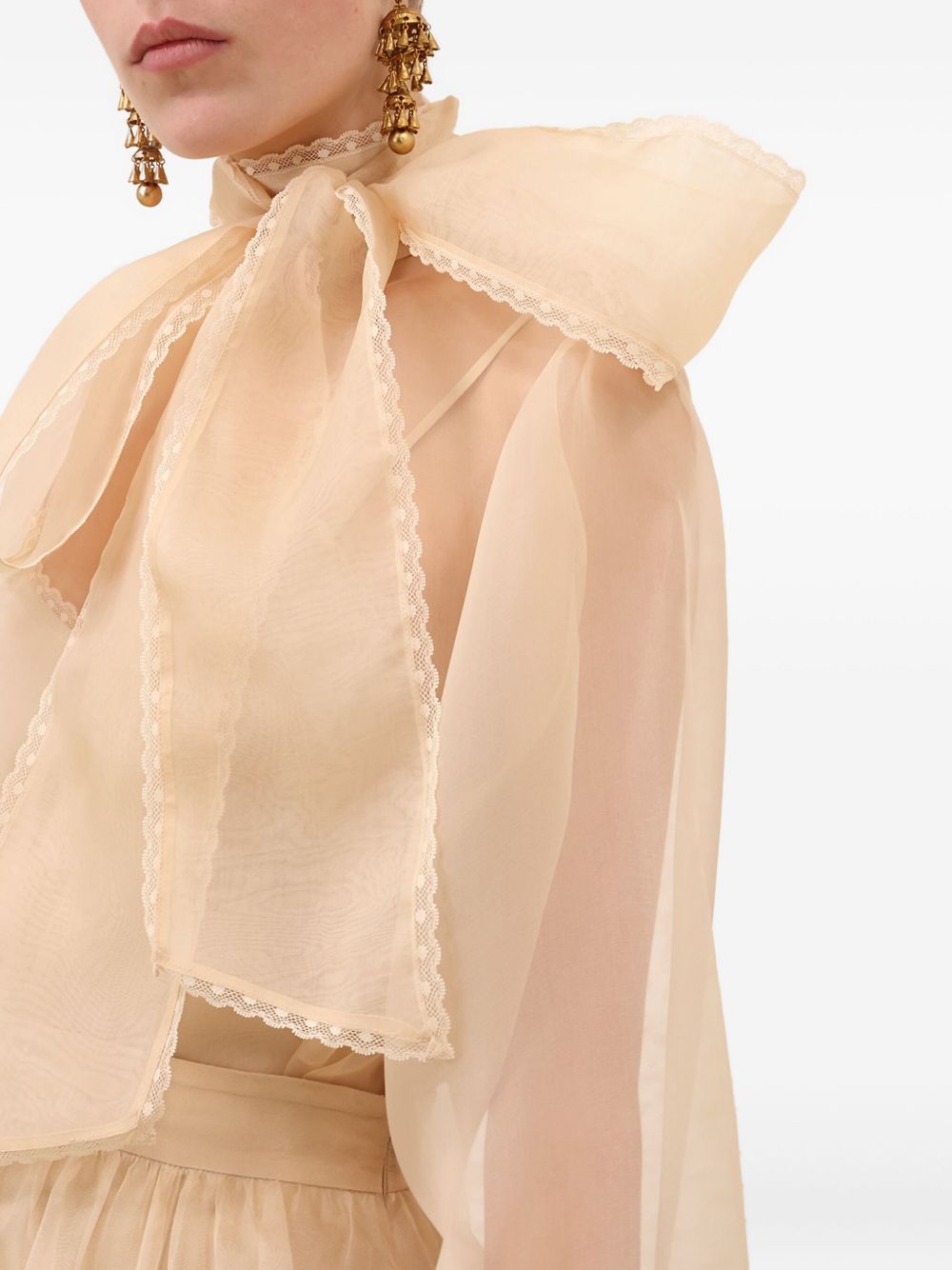 Zimmermann Balloon-Sleeve Silk Pussy-Bow Shirt Beige