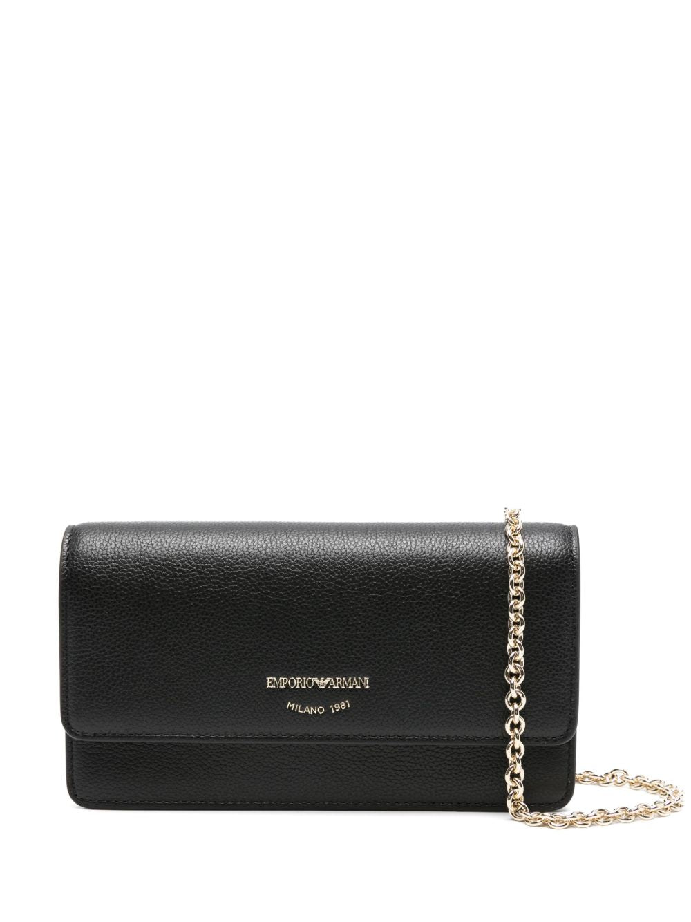 Emporio Armani Mini Leather Clutch with Gold Logo and Chain Strap Black
