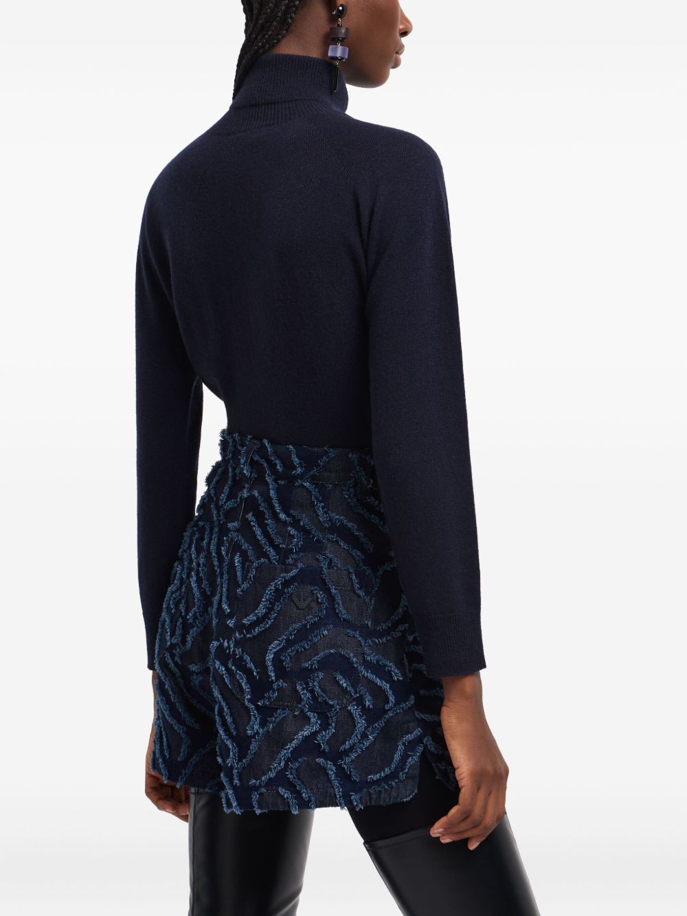 Emporio Armani High-Waisted Abstract Pattern Frayed Denim Shorts Blue