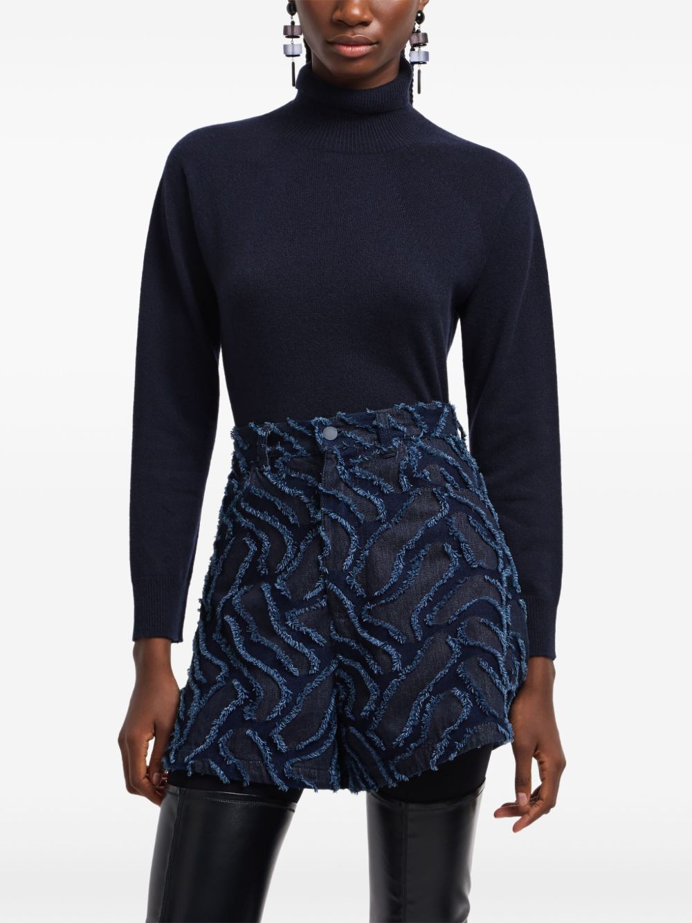 Emporio Armani High-Waisted Abstract Pattern Frayed Denim Shorts Blue