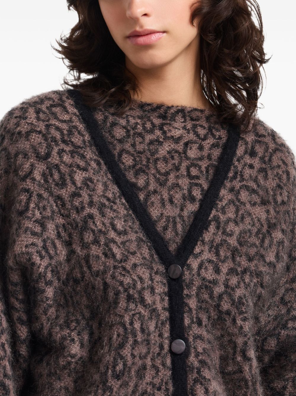 Emporio Armani Leopard-Pattern V-Neck Wool-Blend Cardigan Black black