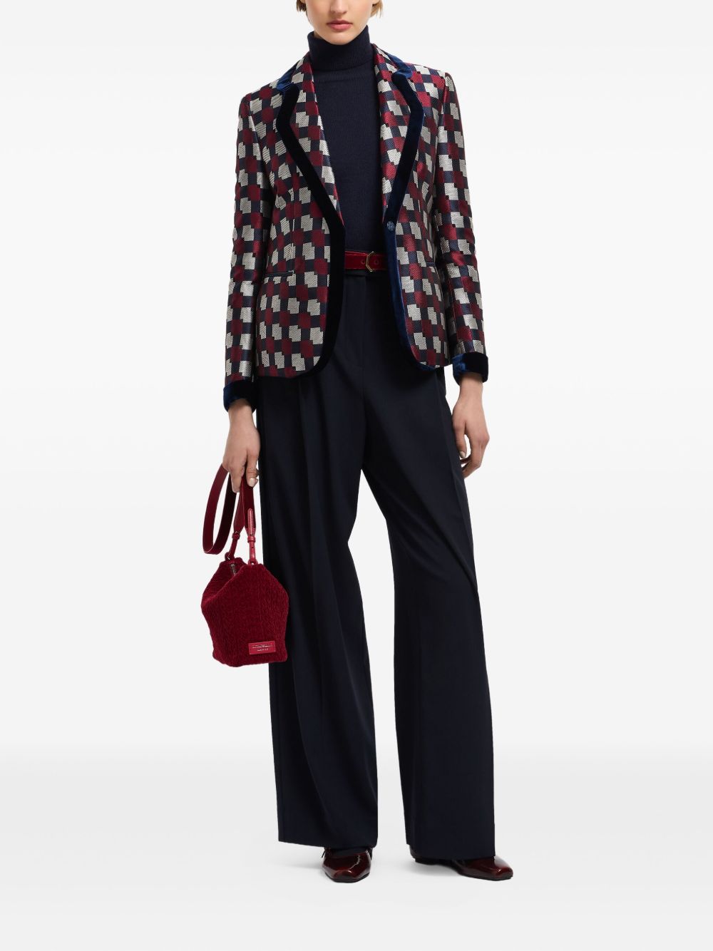 Emporio Armani Checked Single-Breasted Velvet Trim Jacket Multicolour