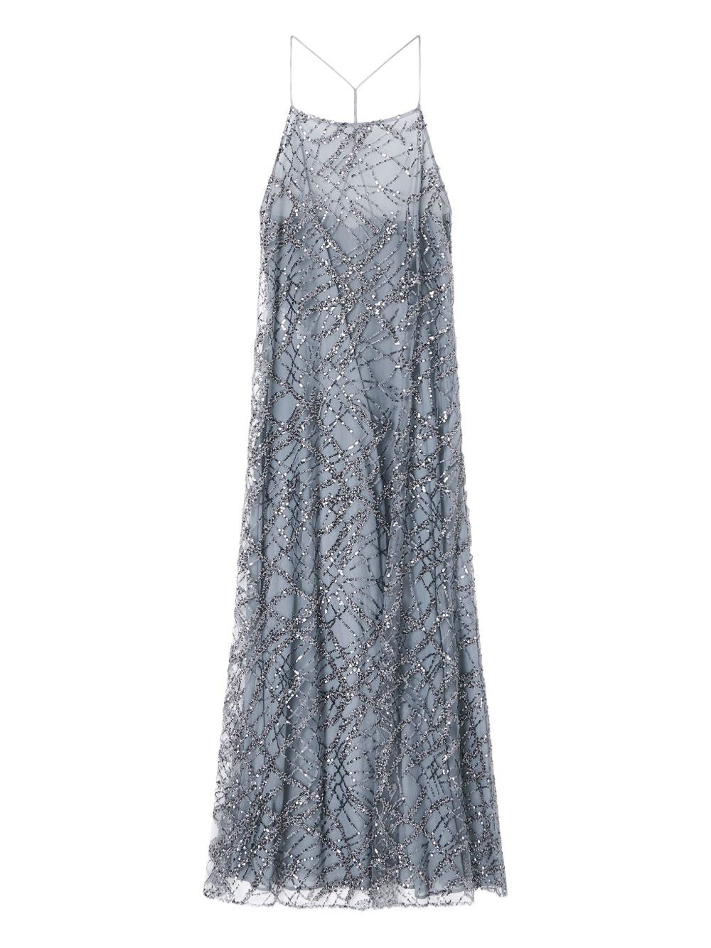 Emporio Armani Long Silver Tulle Maxi Dress with All-Over Micro Sequin and Jet Embroidery Silver