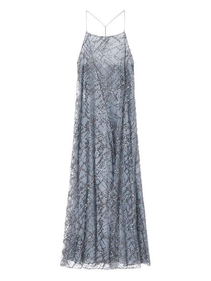 Emporio Armani Sequined Open-Back A-Line Maxi Dress Silver