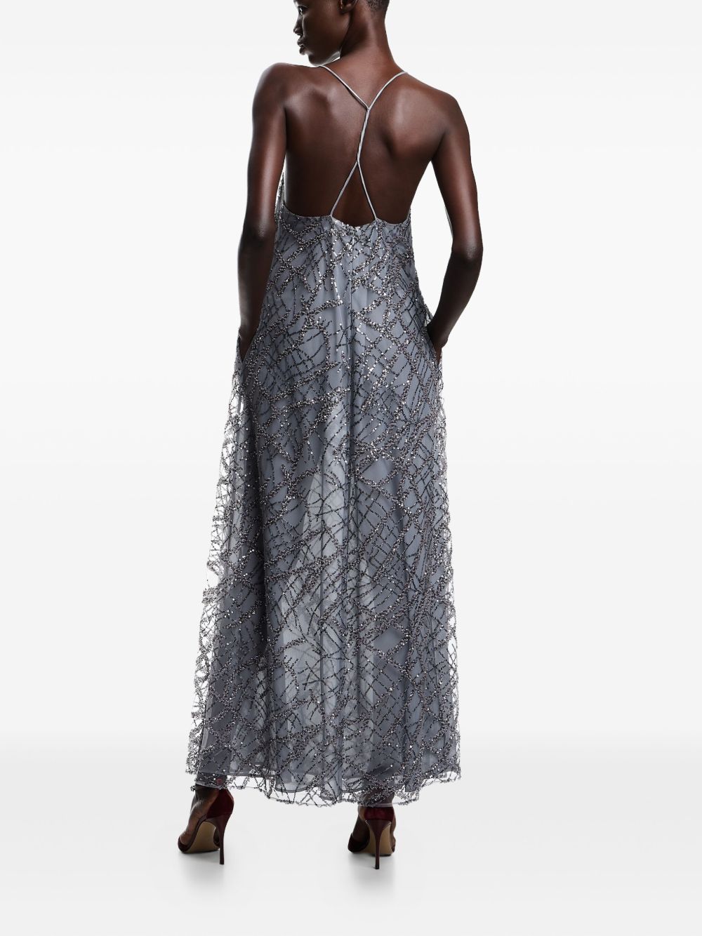 Emporio Armani Sequined Open-Back A-Line Maxi Dress Silver