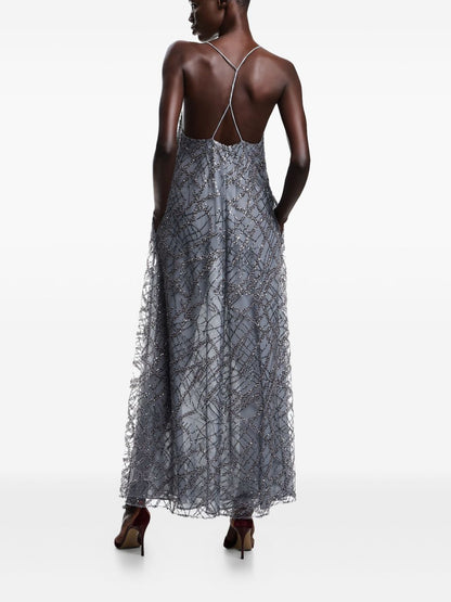 Emporio Armani Sequined Open-Back A-Line Maxi Dress Silver