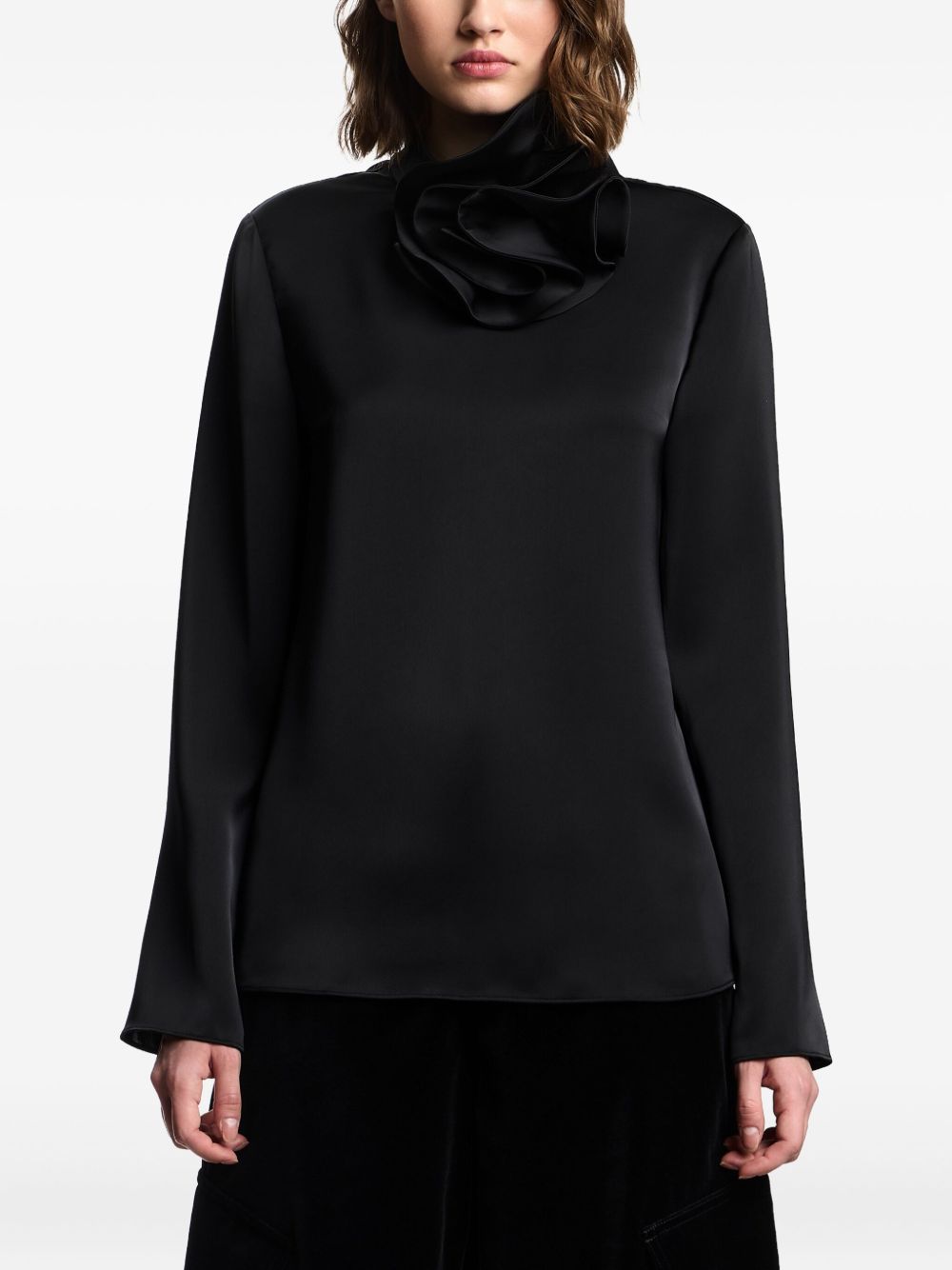Emporio Armani High-Neck Satin Ruffled Sweater Black