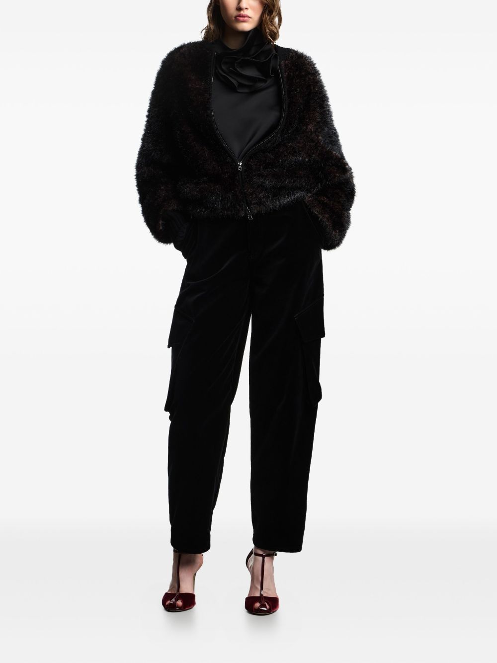 Emporio Armani High-Neck Satin Ruffled Sweater Black