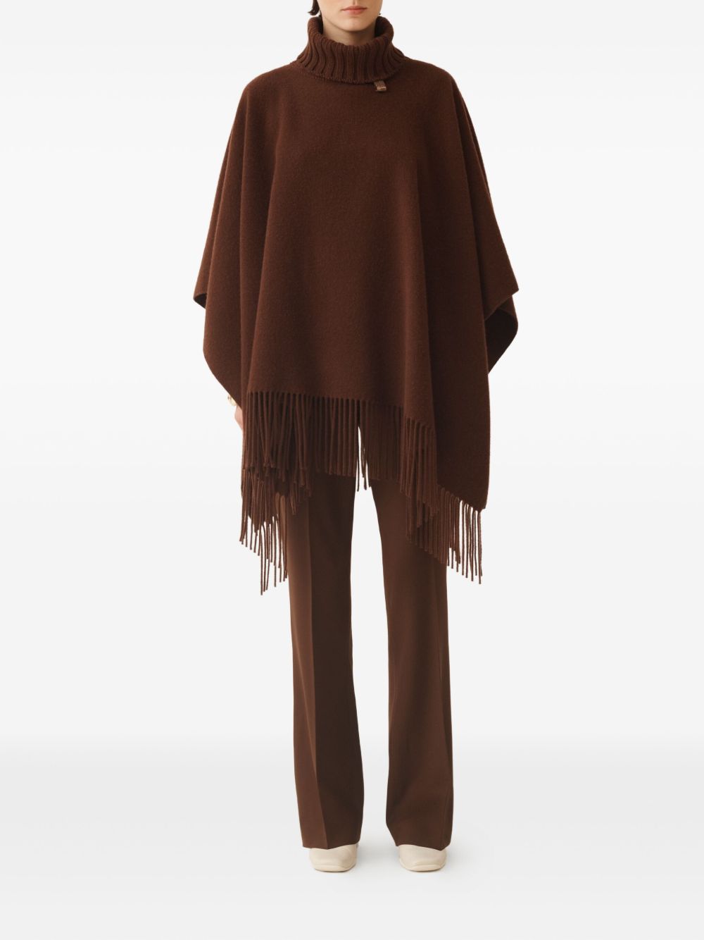 Fabiana Filippi Fringed Wool Turtleneck Poncho Dark Brown