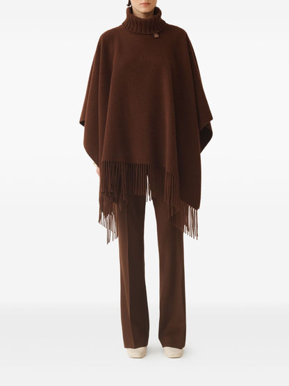 Fabiana Filippi Fringed Wool Turtleneck Poncho Dark Brown
