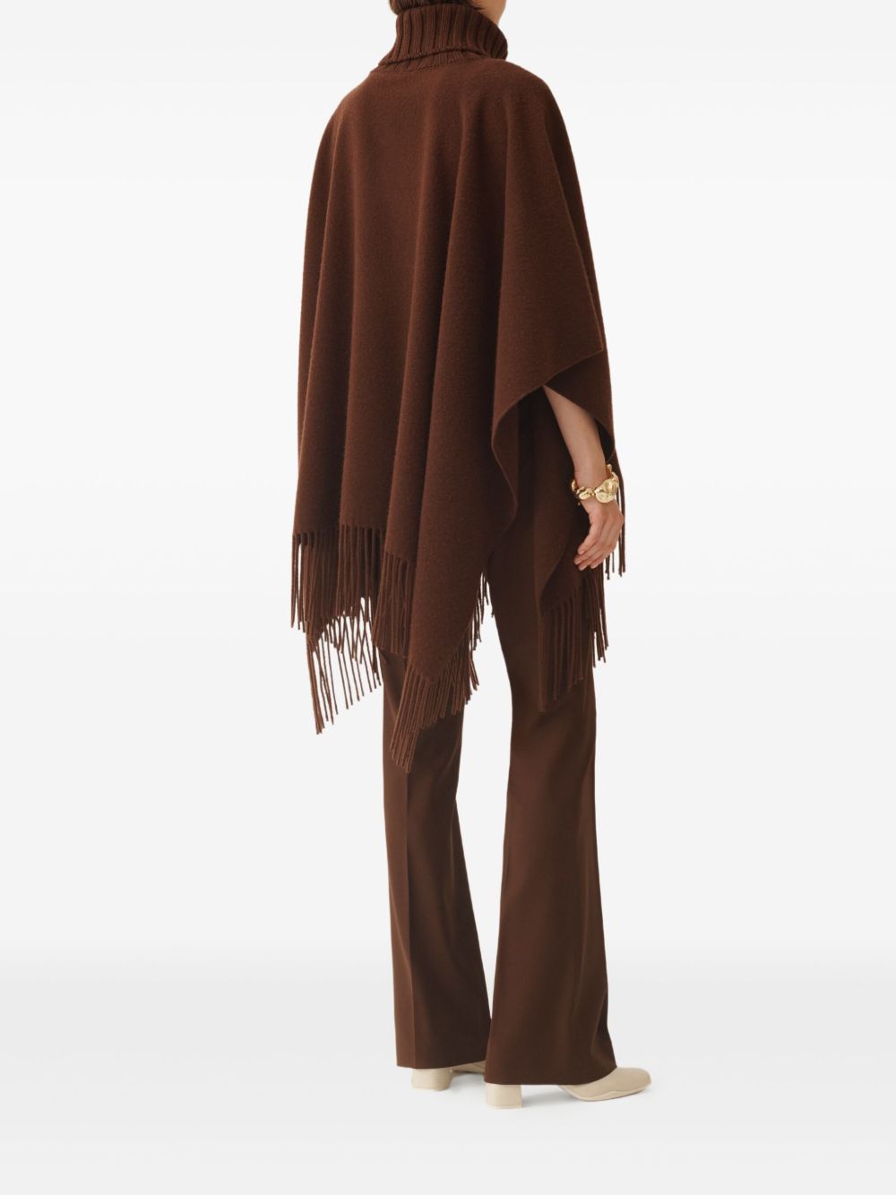 Fabiana Filippi Fringed Wool Turtleneck Poncho Dark Brown