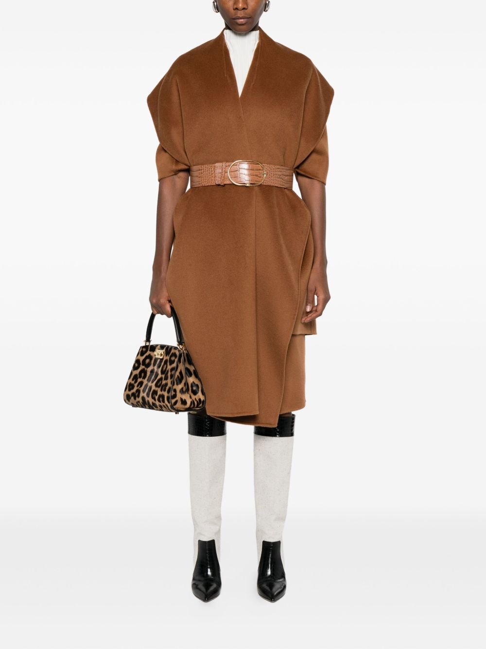 Elisabetta Franchi Wool Sleeveless V-Neck Belted Coat Brown