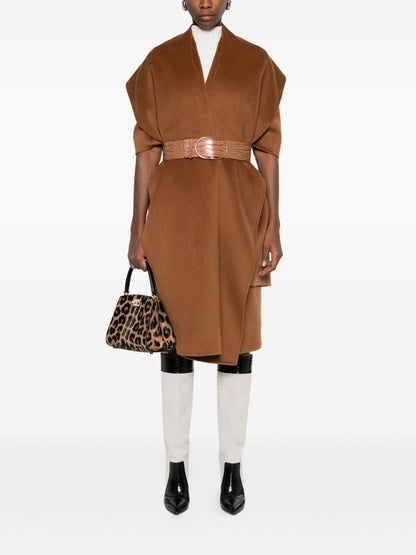 Elisabetta Franchi Wool Sleeveless V-Neck Belted Coat Brown