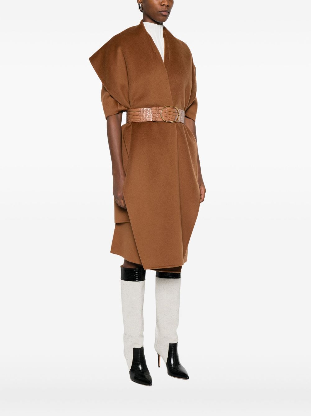 Elisabetta Franchi Wool Sleeveless V-Neck Belted Coat Brown
