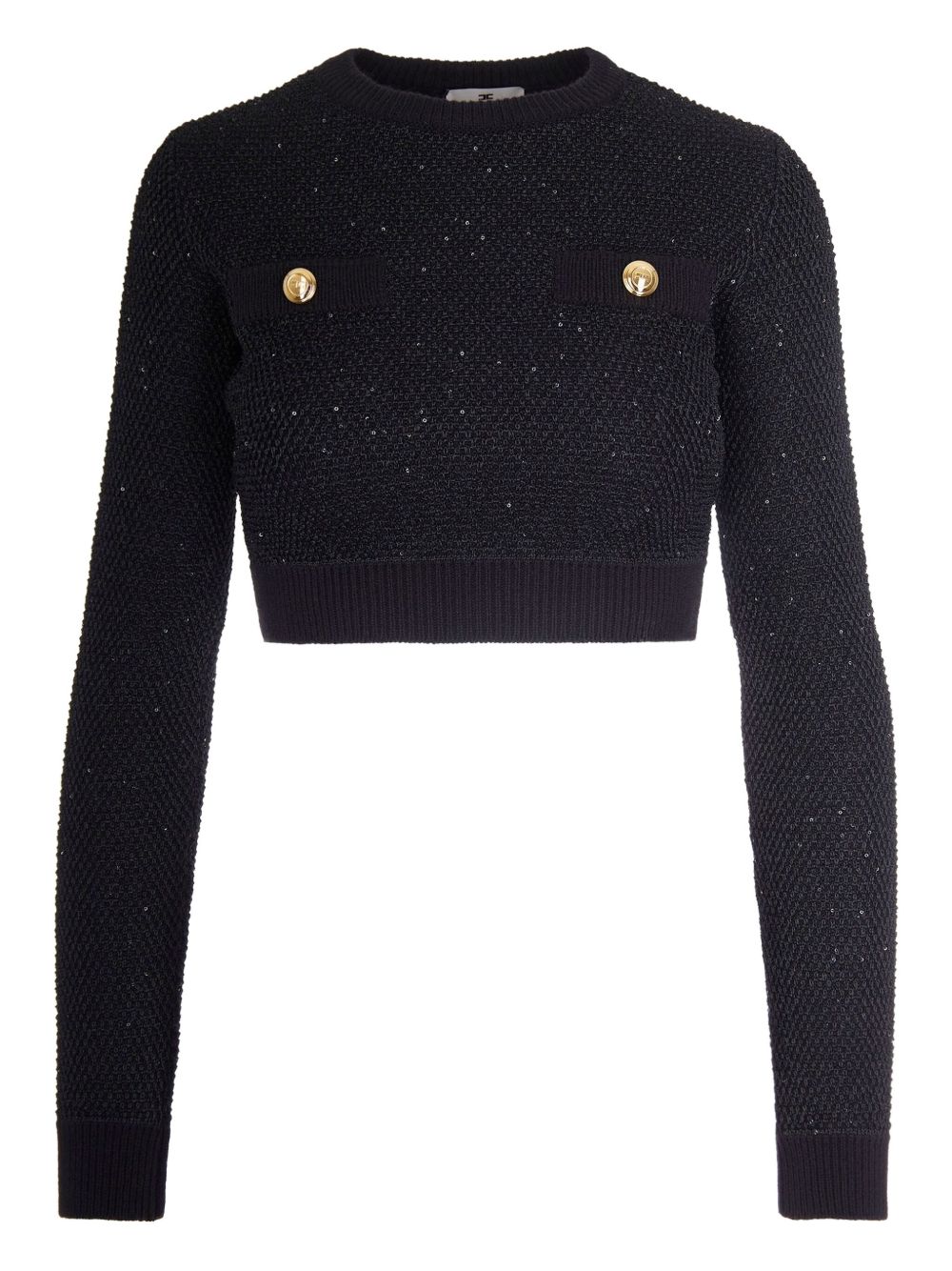 Elisabetta Franchi Sequined Cropped Wool Sweater with Gold Button Black Black