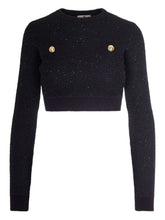 Elisabetta Franchi Sequined Cropped Wool Sweater with Gold Button Black Black