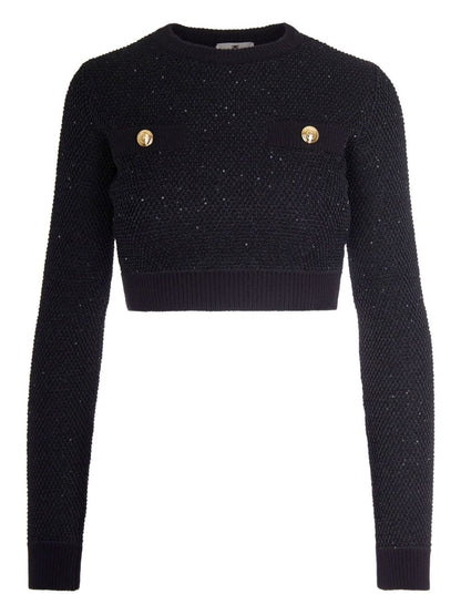 Elisabetta Franchi Sequined Cropped Wool Sweater with Gold Button Black Black