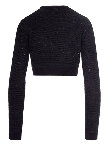 Elisabetta Franchi Sequined Cropped Wool Sweater with Gold Button Black Black
