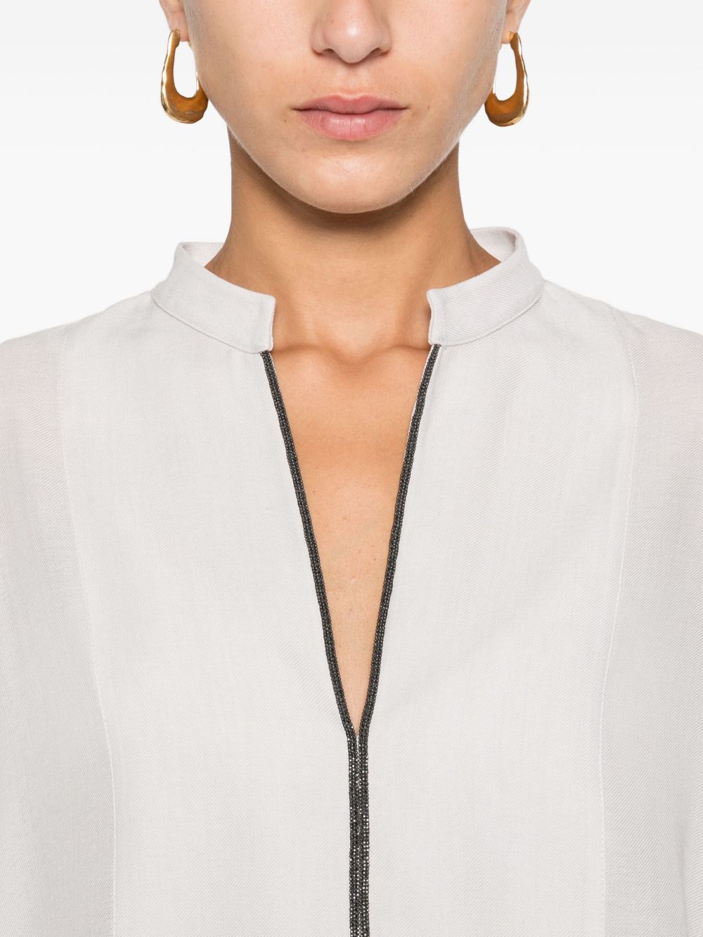 Brunello Cucinelli Monili-Chain Silk V-Neck Blouse Light Grey