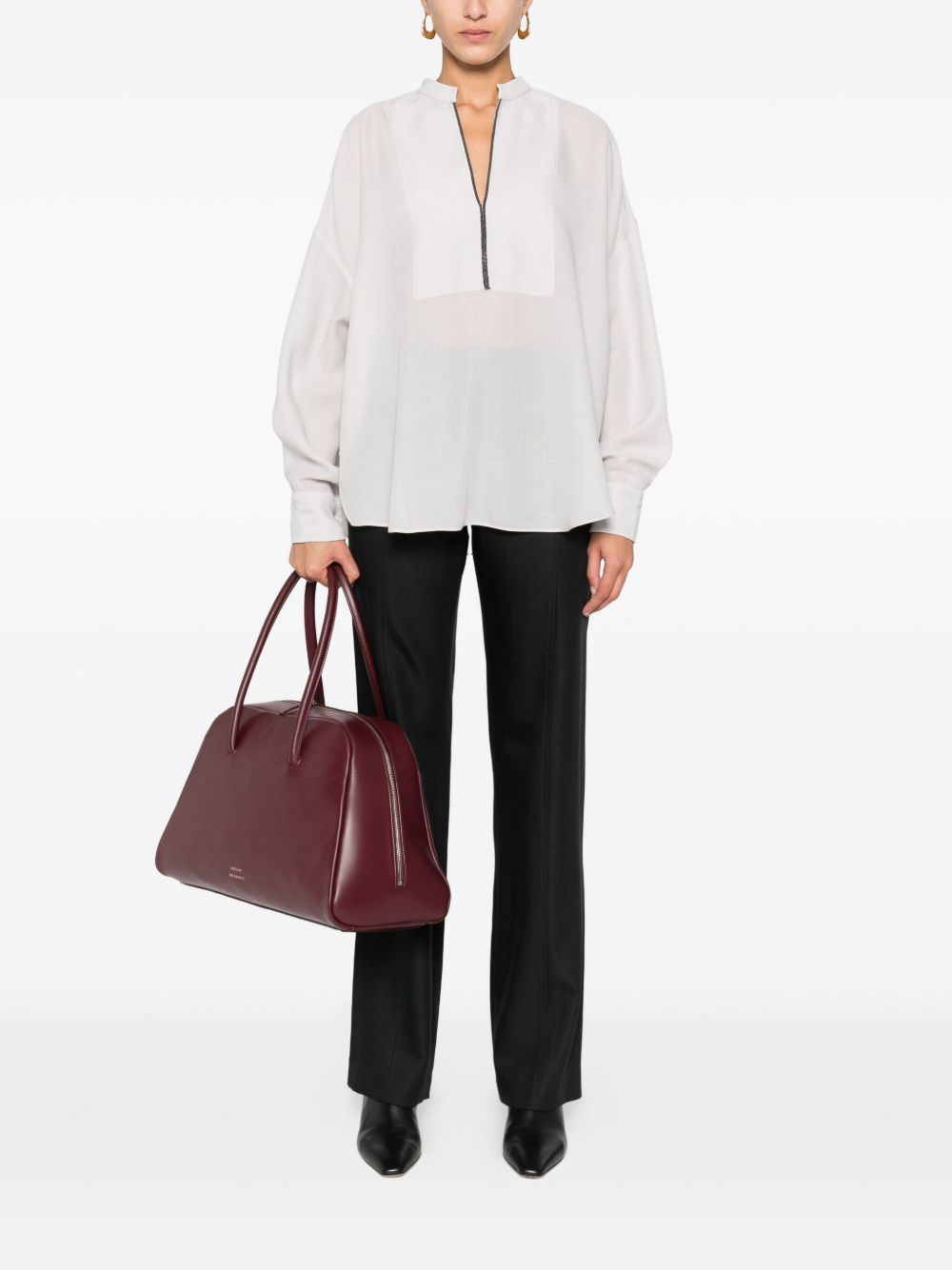 Brunello Cucinelli Monili-Chain Silk V-Neck Blouse Light Grey
