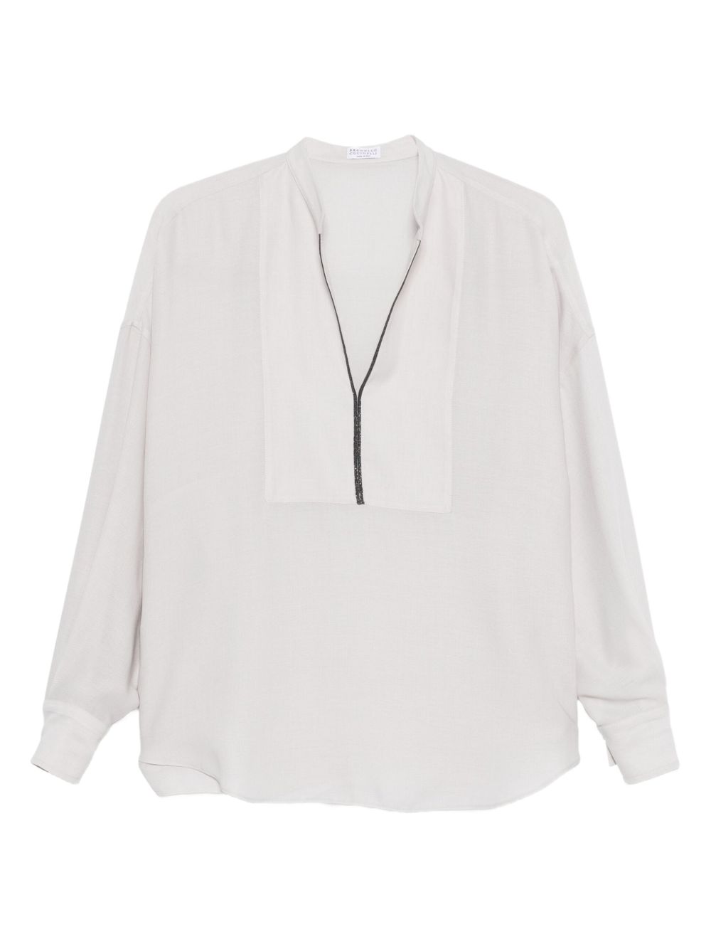 Brunello Cucinelli Monili-Chain Silk V-Neck Blouse Light Grey