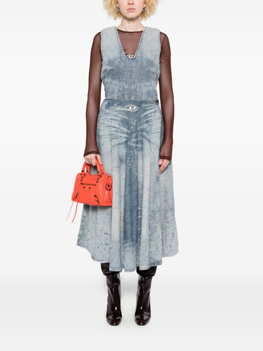 Diesel A-Line Acid Wash Denim Long Skirt Clear Blue