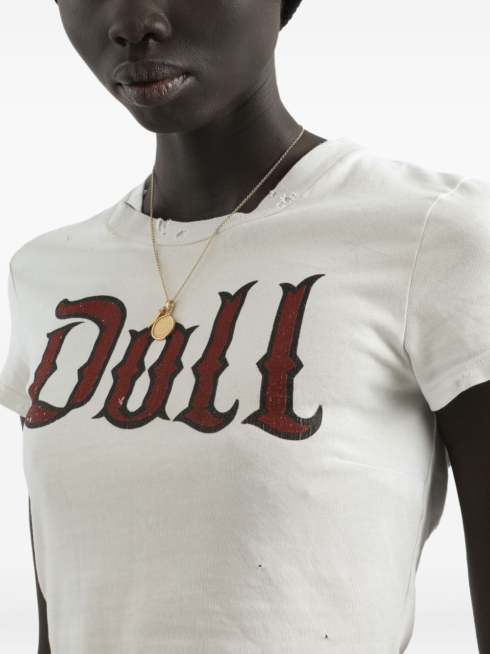 Dolce &amp; Gabbana Doll Print Cropped Distressed Cotton T-Shirt White