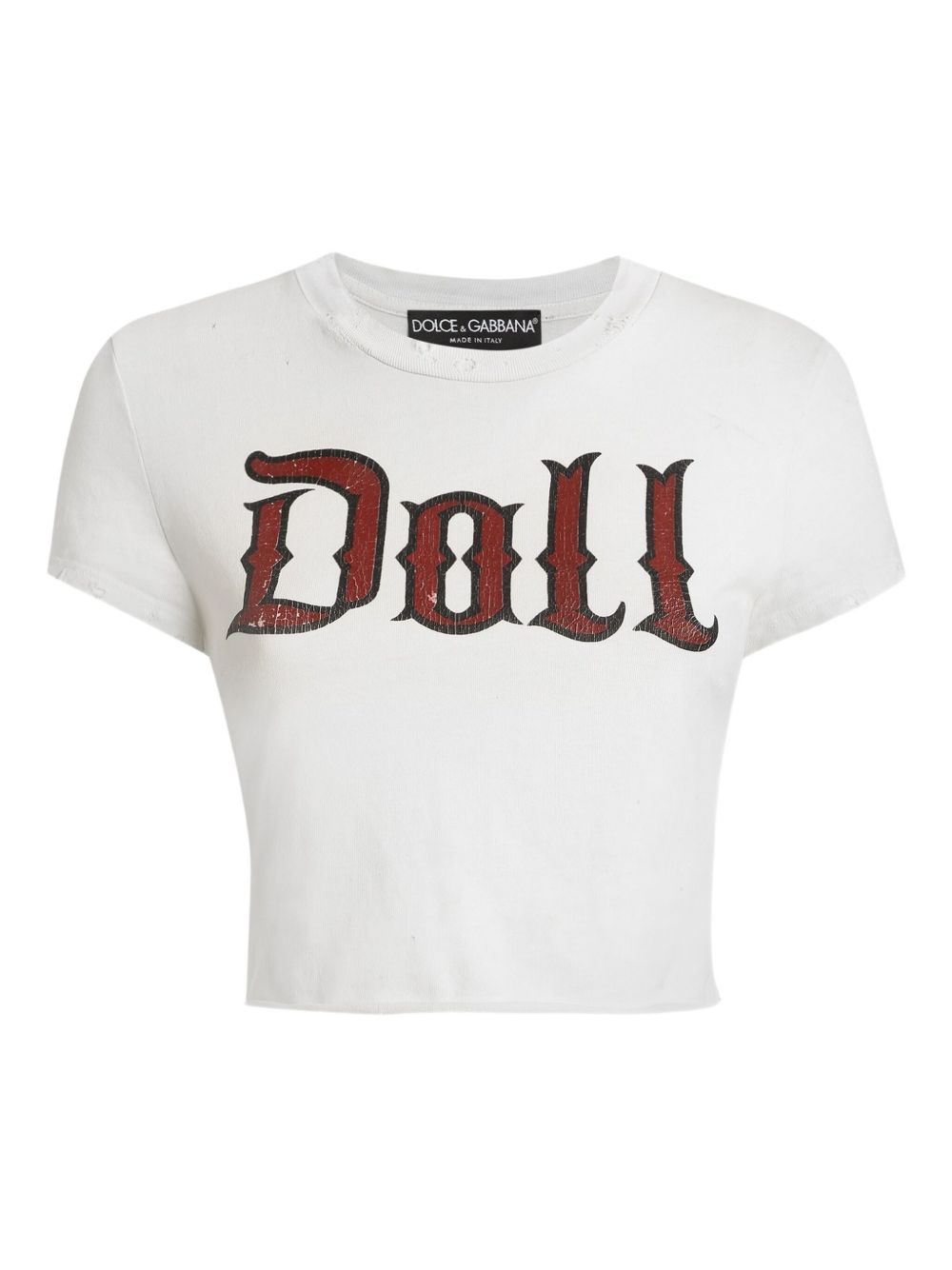 Dolce & Gabbana Doll Print Cropped Distressed Cotton T-Shirt White