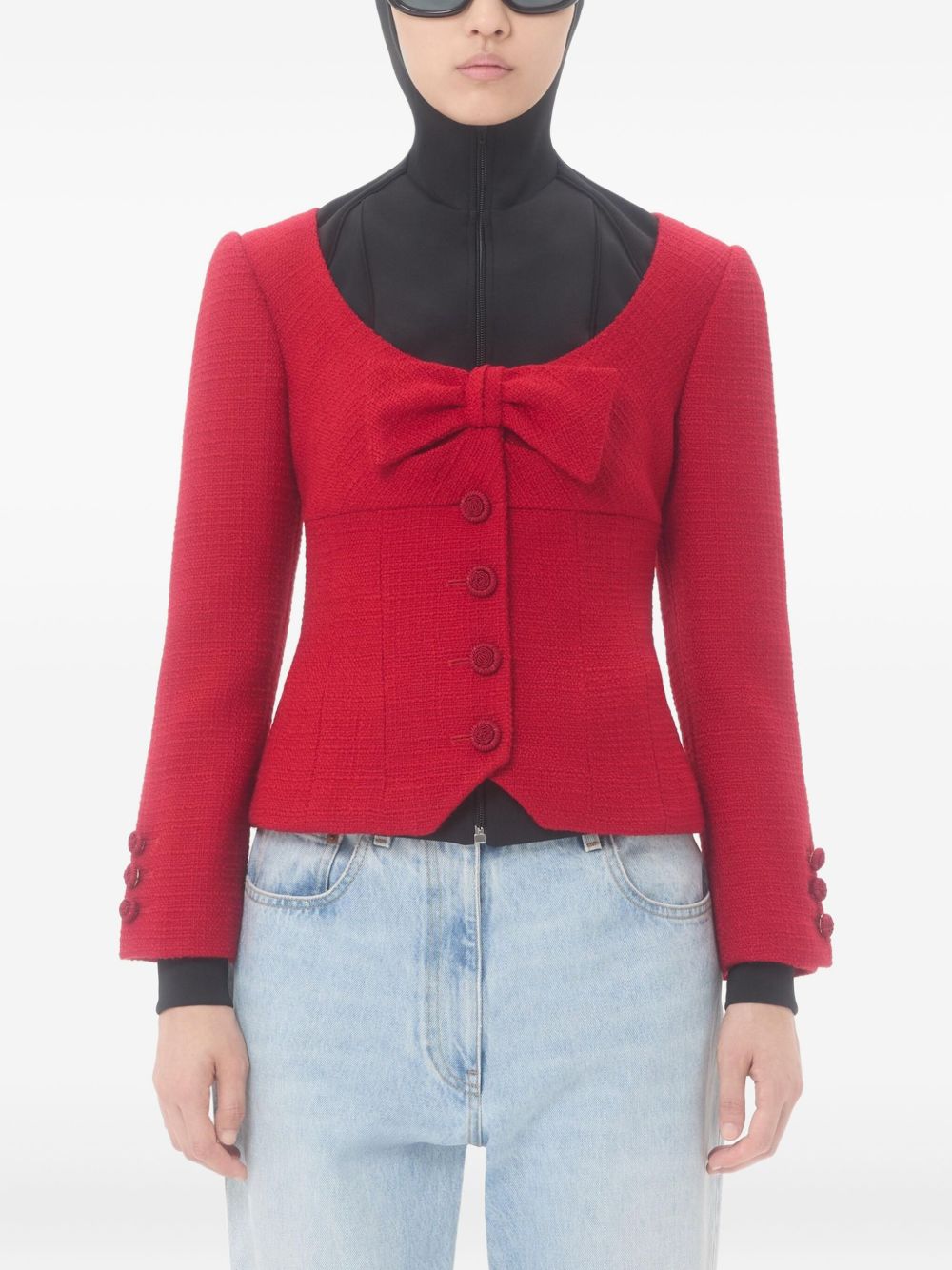 Valentino Red Tweed Wide Neck Bow-Detail Wool Jacket Red
