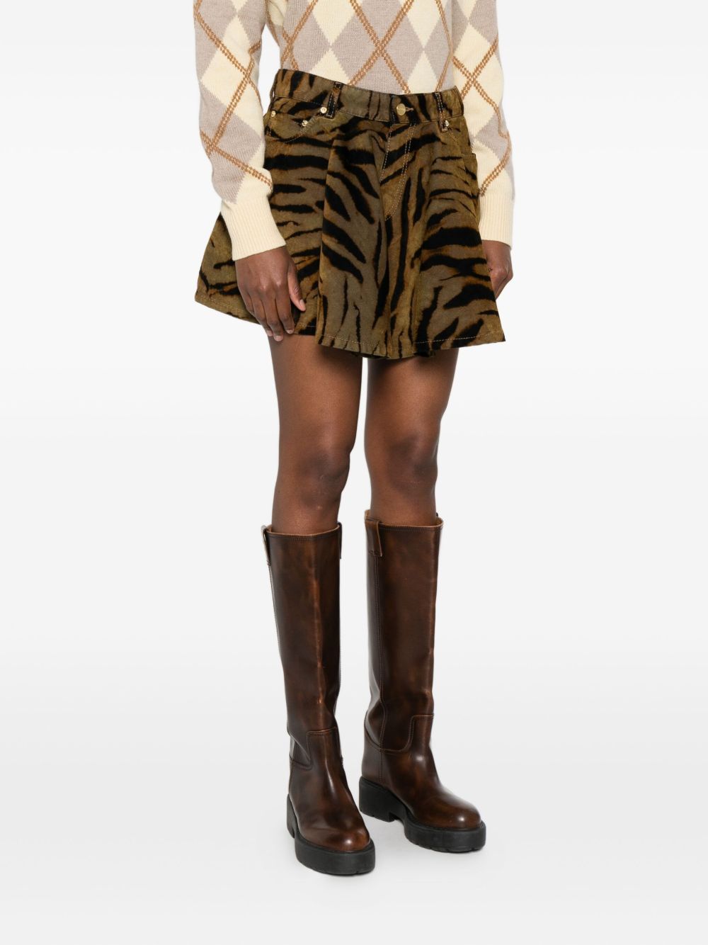 Ganni Tiger-Print Denim Mini Skirt Khaki