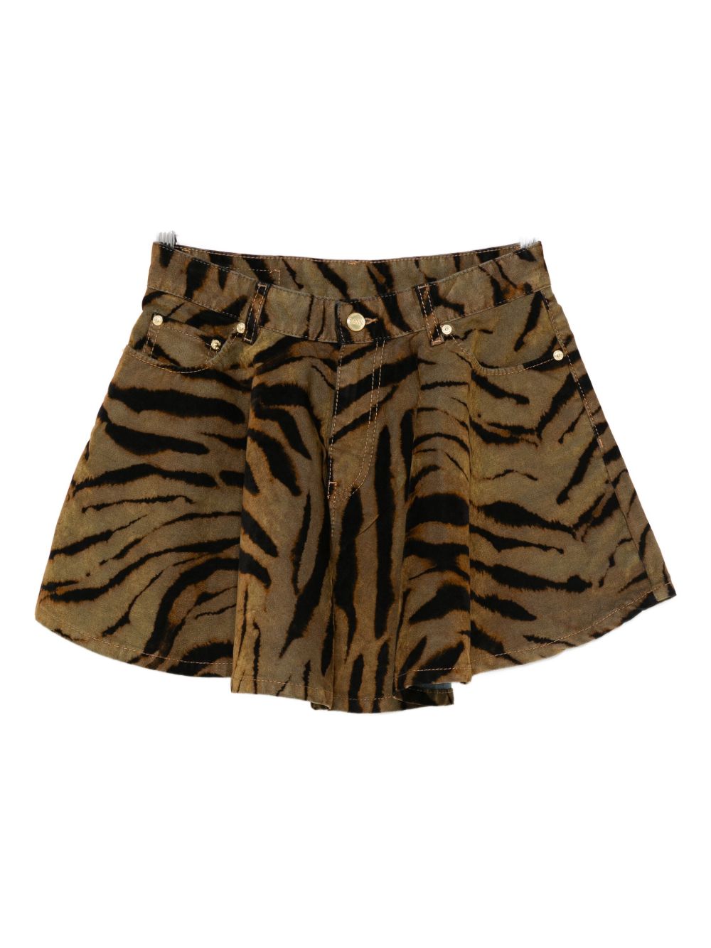 Ganni Tiger-Print Denim Mini Skirt Khaki