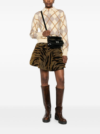 Ganni Tiger-Print Denim Mini Skirt Khaki