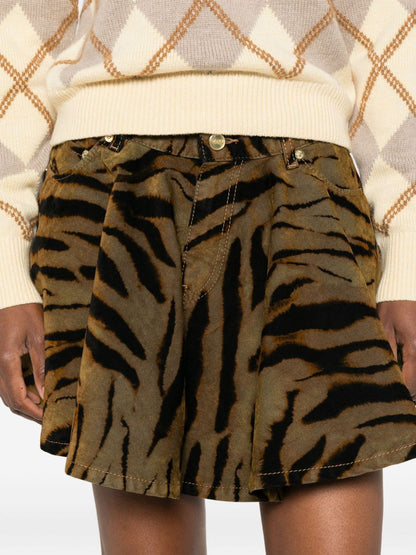 Ganni Tiger-Print Denim Mini Skirt Khaki