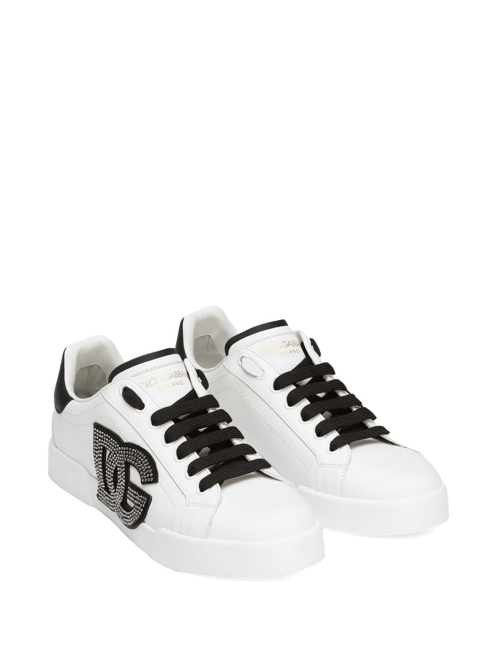 Dolce &amp; Gabbana Portofino White Leather Sneakers with Rhinestone Logo Detail White