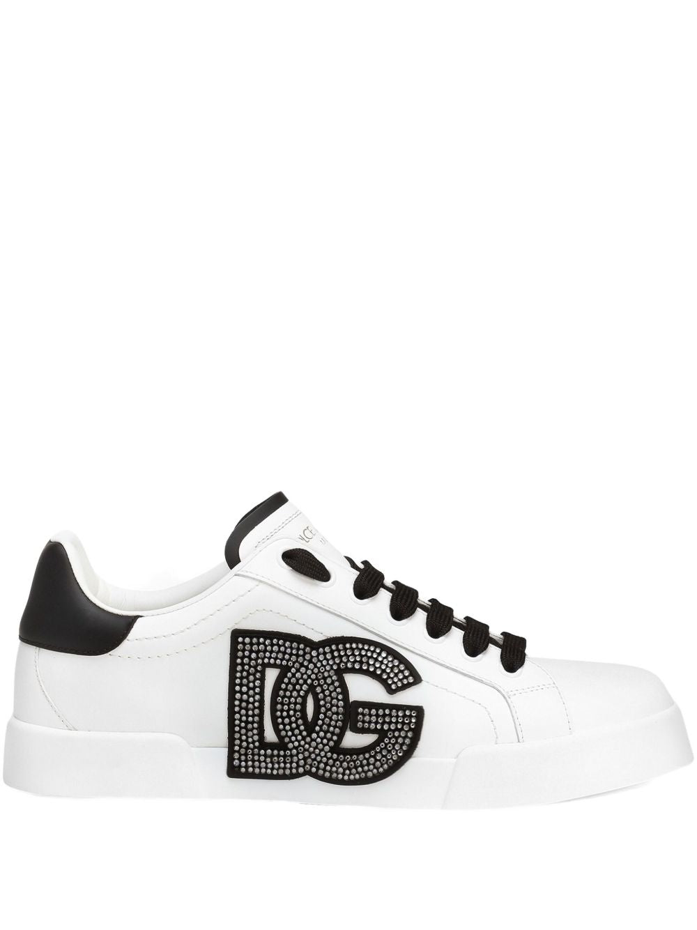Dolce &amp; Gabbana Portofino White Leather Sneakers with Rhinestone Logo Detail White