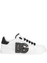 Dolce & Gabbana Portofino White Leather Sneakers with Rhinestone Logo Detail White