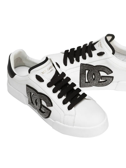 Dolce &amp; Gabbana Portofino White Leather Sneakers with Rhinestone Logo Detail White