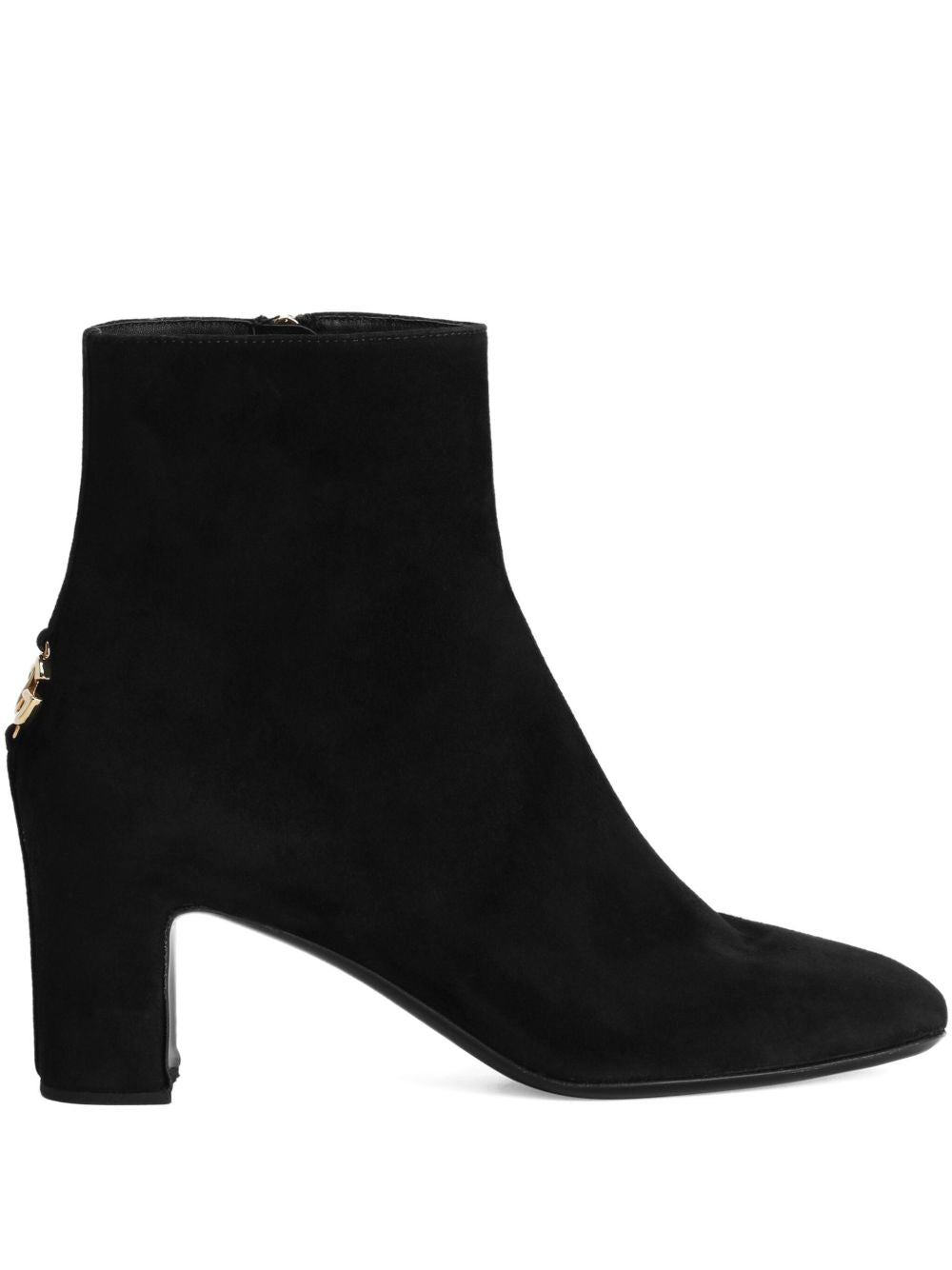 Dolce &amp; Gabbana Black Suede Ankle Boots with Gold Logo and Block Heel Black