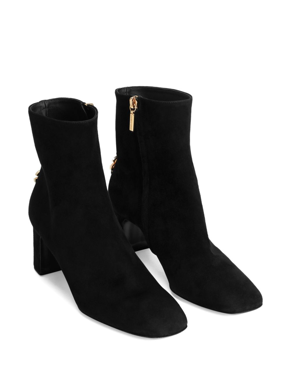 Dolce &amp; Gabbana Black Suede Ankle Boots with Gold Logo and Block Heel Black
