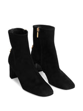 Dolce & Gabbana Black Suede Ankle Boots with Gold Logo and Block Heel Black