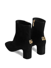 Dolce & Gabbana Black Suede Ankle Boots with Gold Logo and Block Heel Black