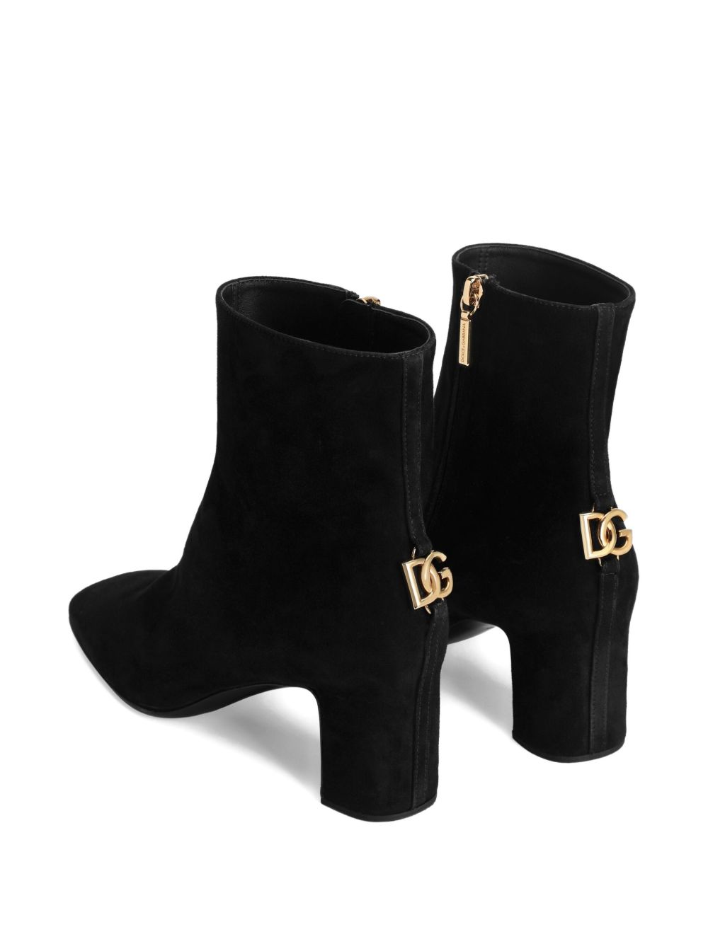Dolce &amp; Gabbana Black Suede Ankle Boots with Gold Logo and Block Heel Black