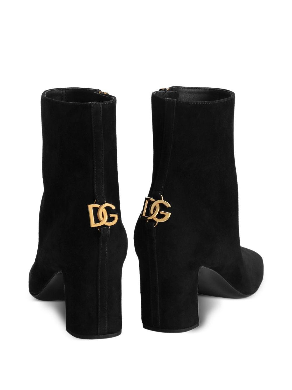 Dolce &amp; Gabbana Black Suede Ankle Boots with Gold Logo and Block Heel Black