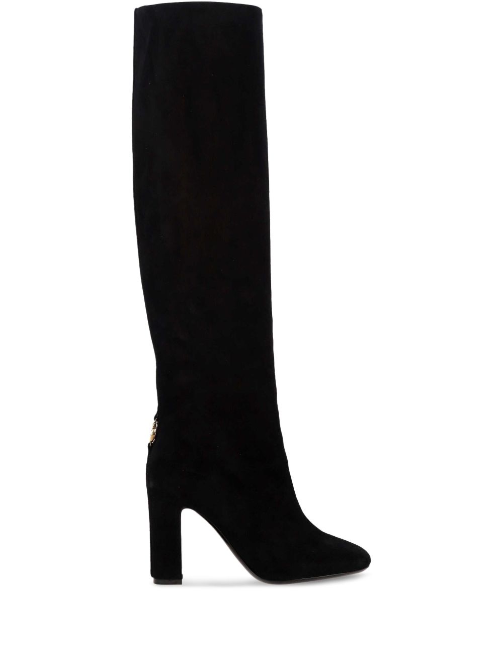 Dolce &amp; Gabbana Block Heel Suede Knee-High Boots with Chain Detail Black