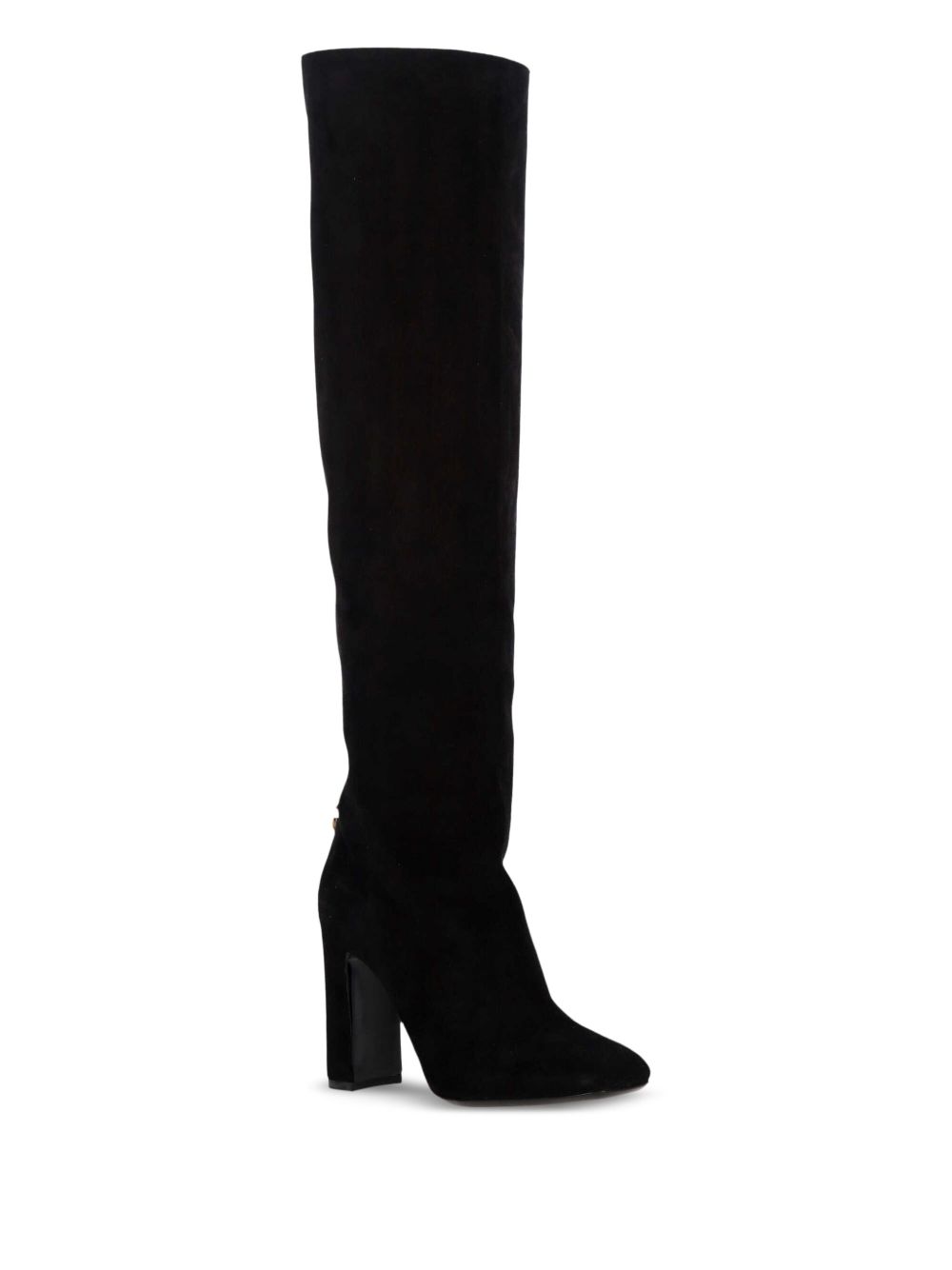 Dolce &amp; Gabbana Block Heel Suede Knee-High Boots with Chain Detail Black