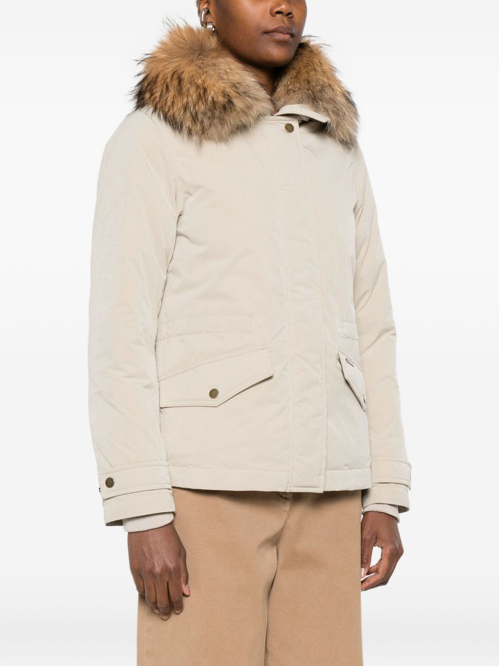 Woolrich Fur-Trimmed Hooded Down Jacket Beige Beige