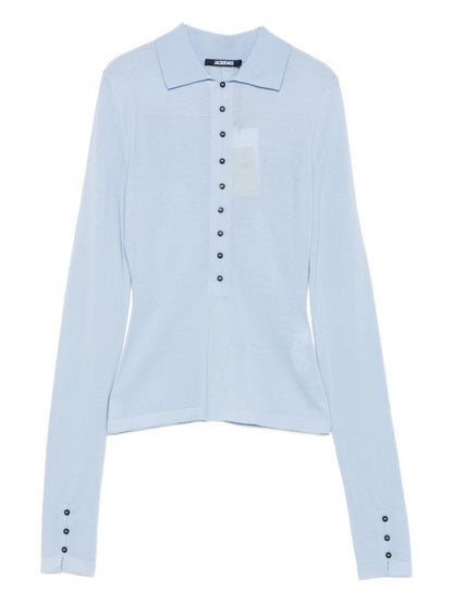 JACQUEMUS Le Polo Merino Long-Sleeved Wool Polo Shirt Clear Blue