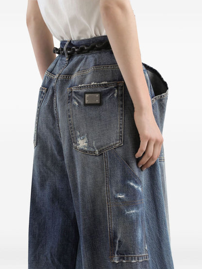 Dolce &amp; Gabbana Slim-Fit Distressed Blue Jeans with Logo Plaque Blue